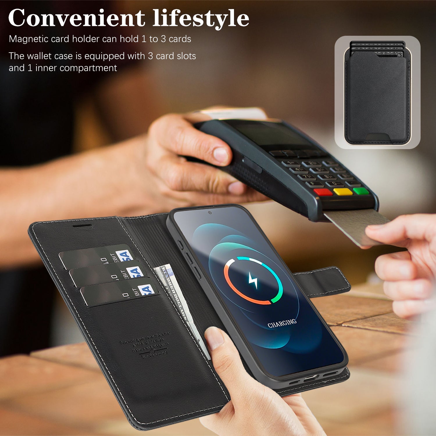Sunyi Magnetic Leather Wallet Case for iPhone (17/16/15/14 Series)   with N52 Magnet, MagSafe Wireless Charging, 3 Card Slots & Slim Card Holder