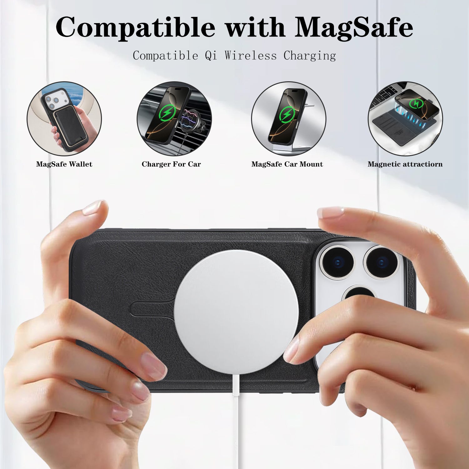 Sunyi Magnetic Leather Wallet Case for iPhone (17/16/15/14 Series)   with N52 Magnet, MagSafe Wireless Charging, 3 Card Slots & Slim Card Holder