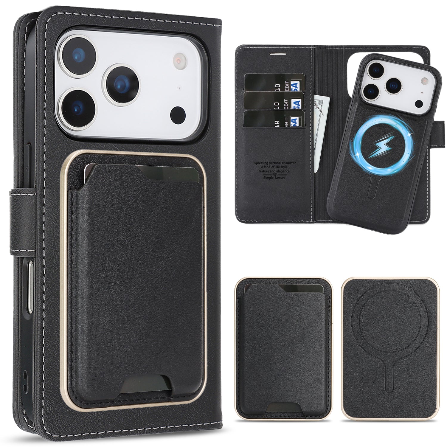 Sunyi Magnetic Leather Wallet Case for iPhone (17/16/15/14 Series)   with N52 Magnet, MagSafe Wireless Charging, 3 Card Slots & Slim Card Holder