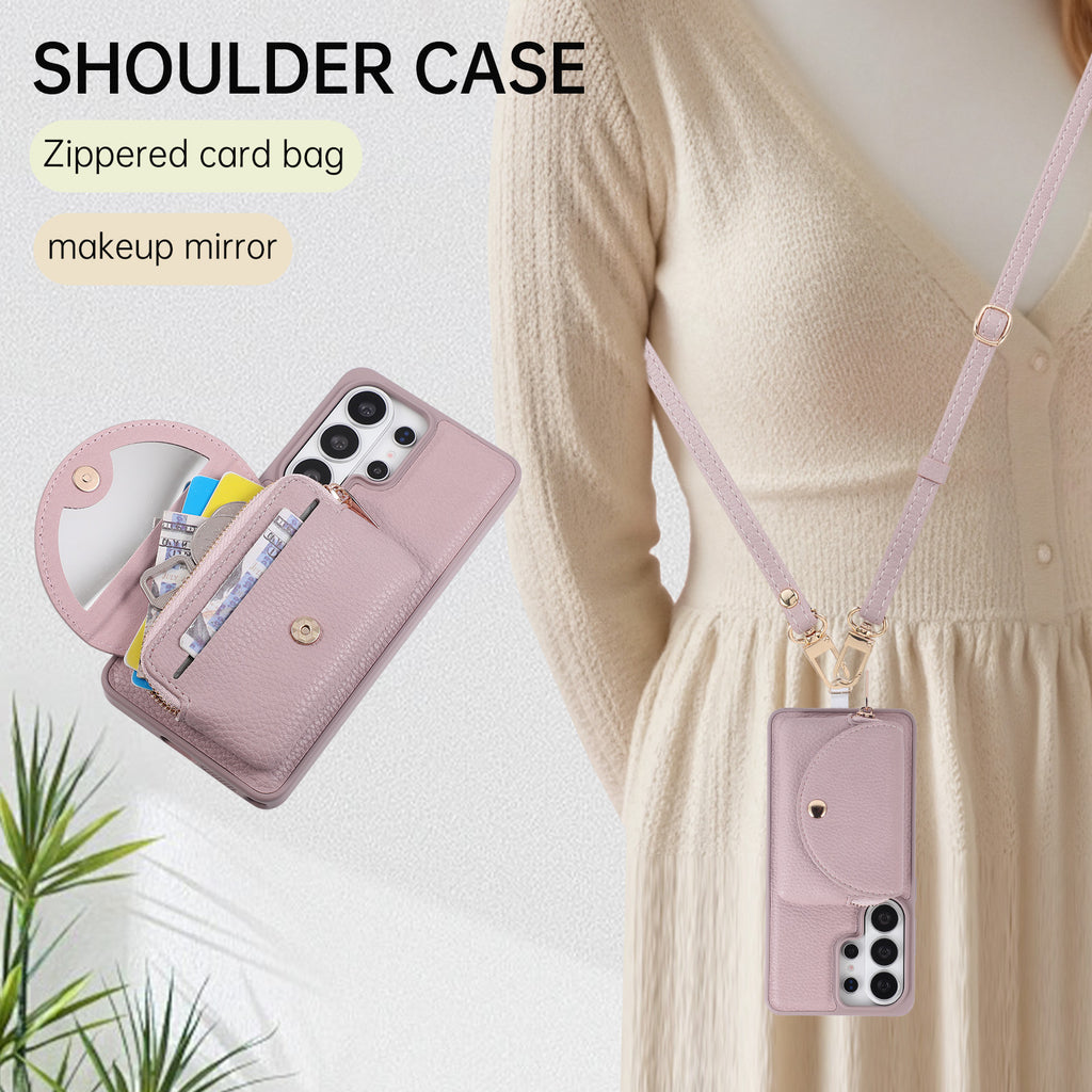 Sunyi Fashion Wallet Phone Case with Mirror & Crossbody Strap, PU Leather Card Holder Case for Samsung Galaxy S26/S25/S24 Series