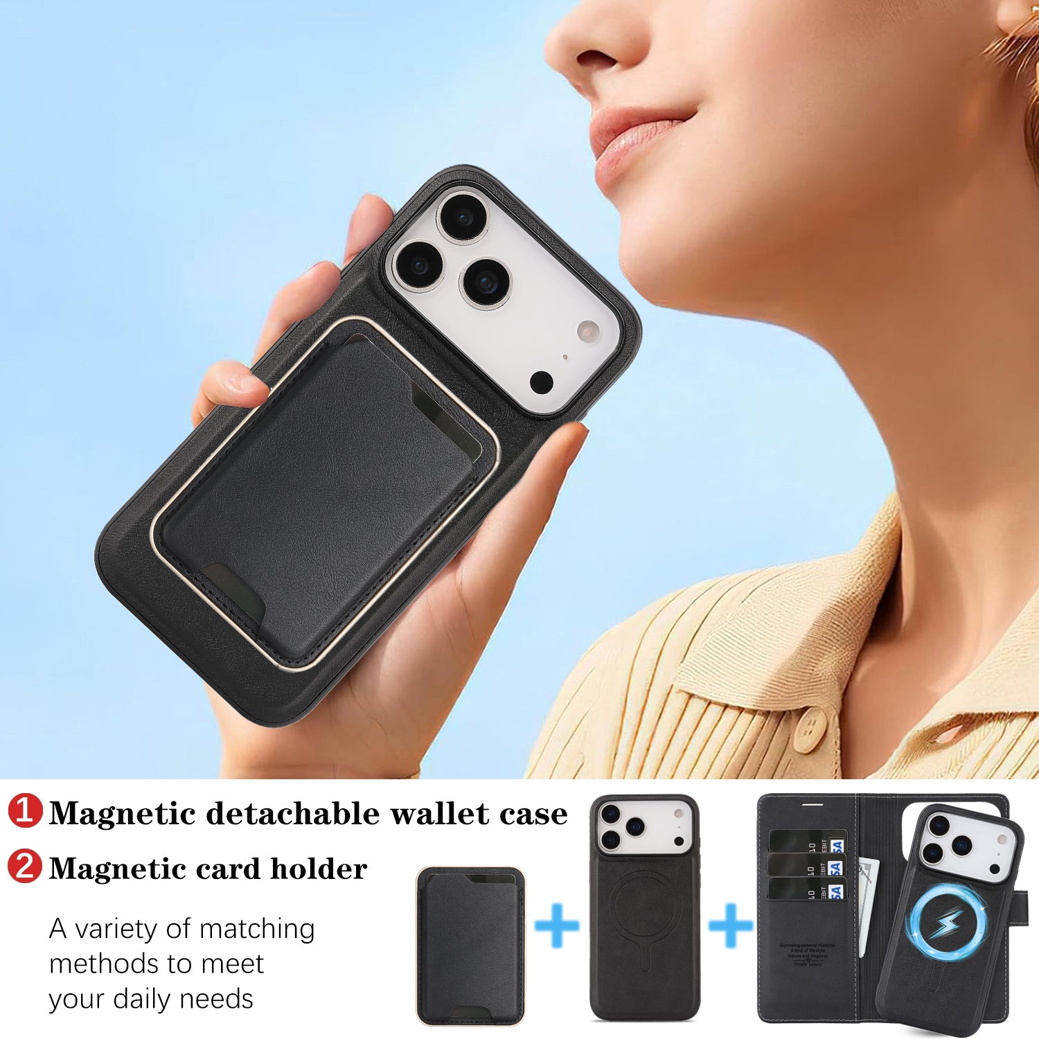Sunyi Magnetic Leather Wallet Case for iPhone (17/16/15/14 Series)   with N52 Magnet, MagSafe Wireless Charging, 3 Card Slots & Slim Card Holder