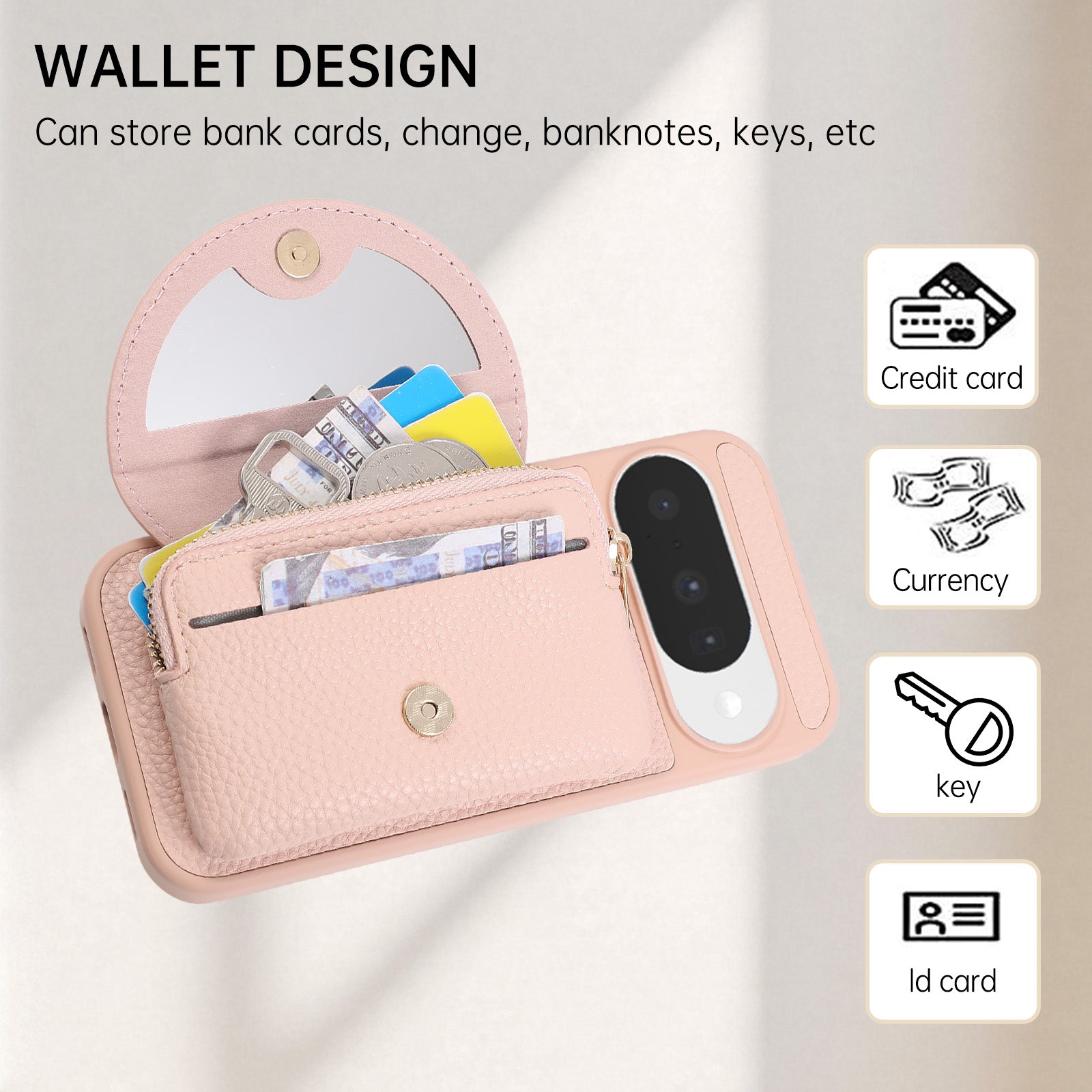 Sunyi Fashion Wallet Phone Case with Mirror & Crossbody Strap, Leather Card Holder Case for Google 10/9 Series
