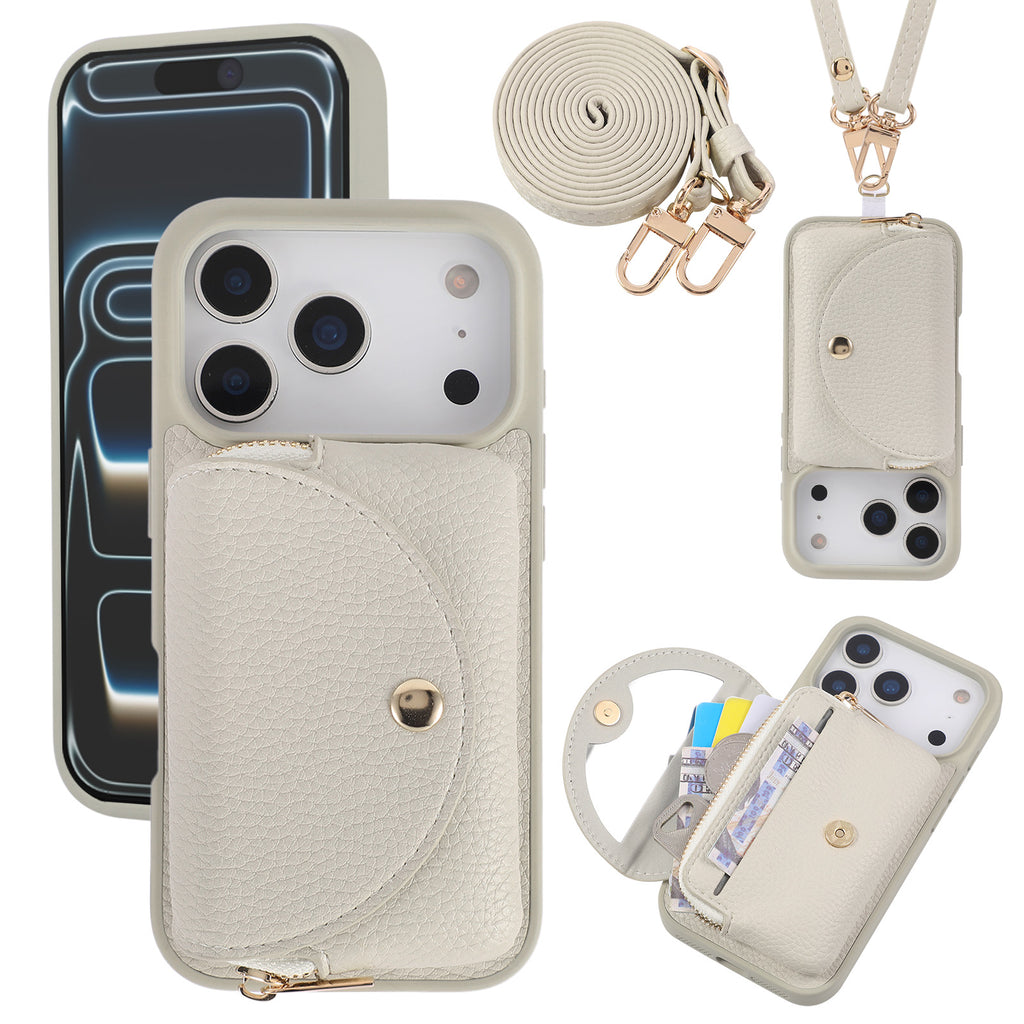 Sunyi Women Fashion Card Wallet Phone Case with Makeup Mirror & Crossbody Lanyard for iPhone Air 17 16 15 14 13 Pro Max Plus