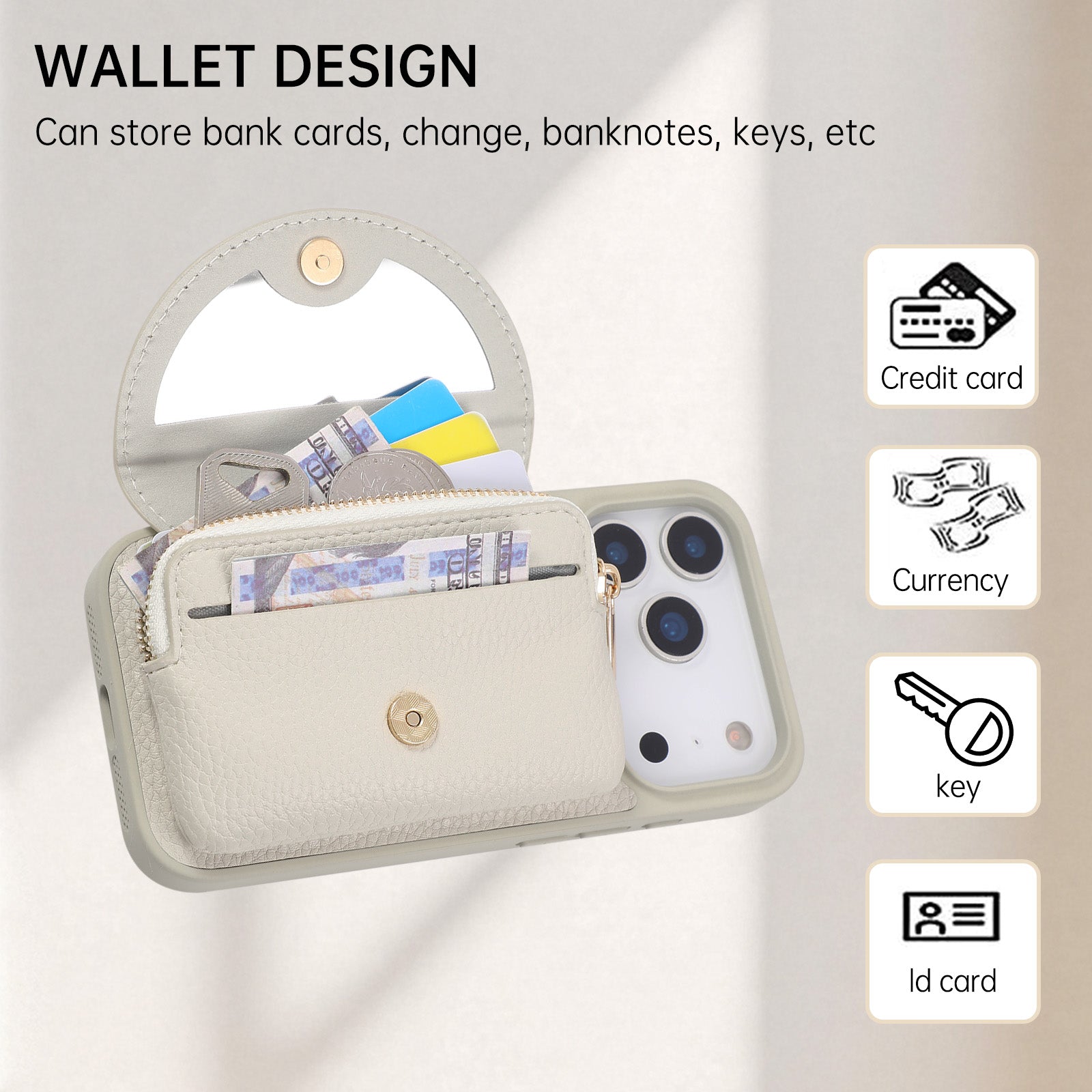 Sunyi Women Fashion Card Wallet Phone Case with Makeup Mirror & Crossbody Lanyard for iPhone Air 17 16 15 14 13 Pro Max Plus