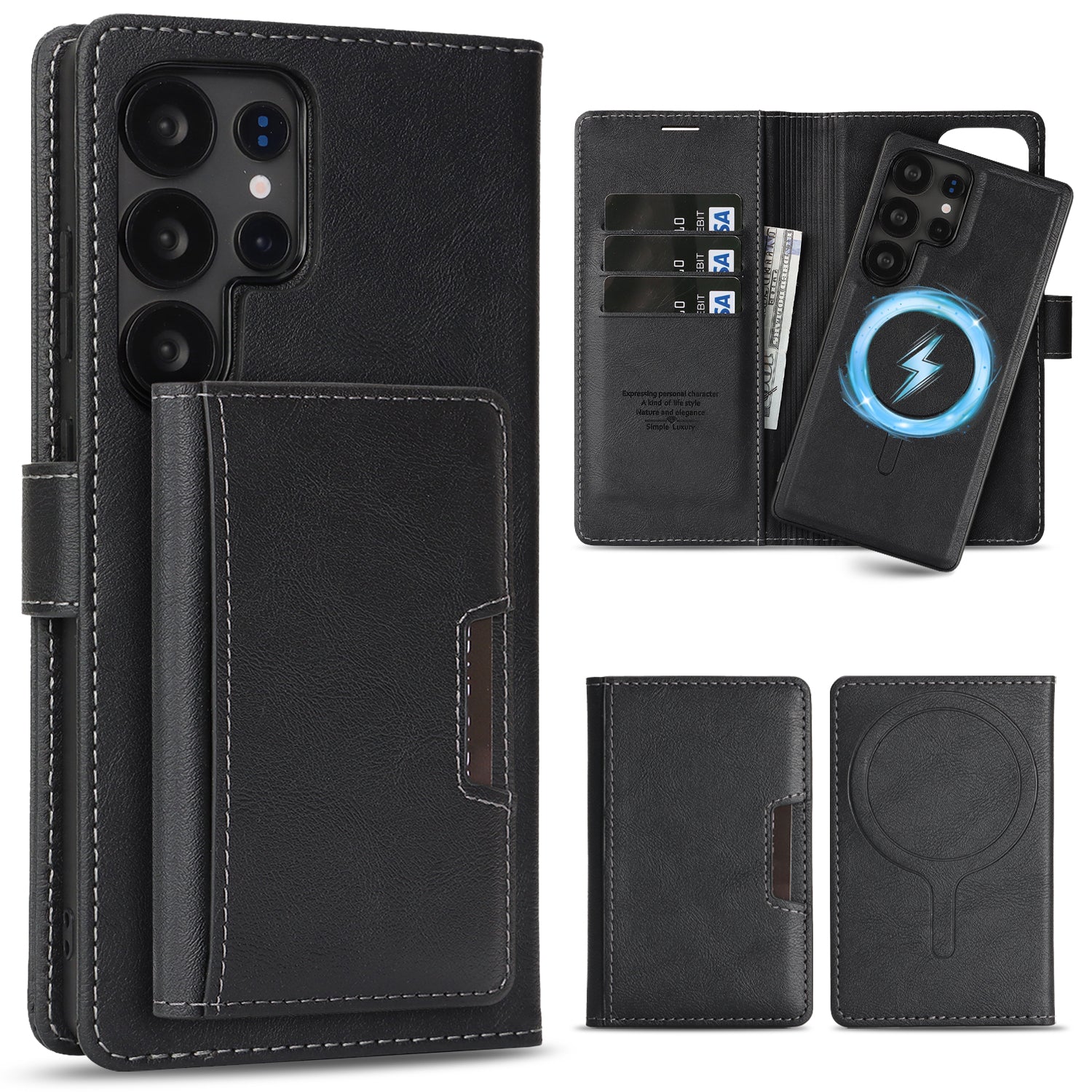 Sunyi Magnetic Leather Wallet Case for Samsung Galaxy (S24/S25/S26 Ultra/Plus), N52 Ring Magnet, MagSafe Wireless Charging, 3 Card + 1 Wallet Slots & 2-Fold 5-Card Holder