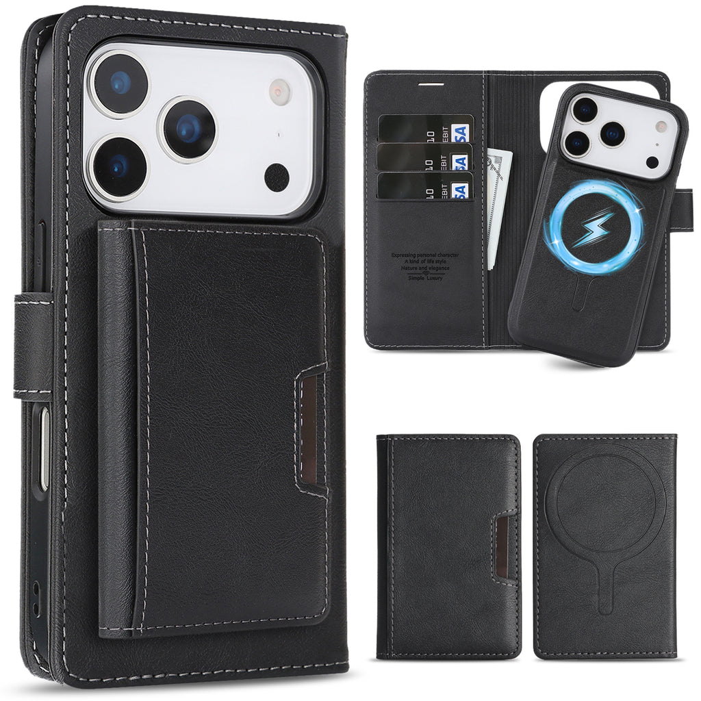 Sunyi Magnetic Leather Wallet Case for iPhone (17/16/15/14 Series), N52 Ring Magnet, MagSafe Wireless Charging, 3 Card + 1 Wallet Slots & 2-Fold 5-Card Holder