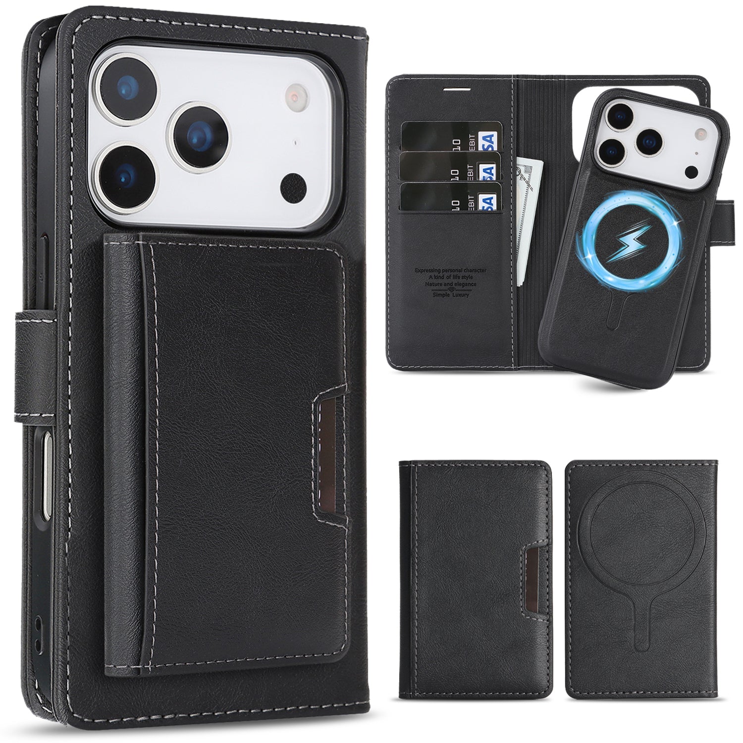 Sunyi Magnetic Leather Wallet Case for iPhone (17/16/15/14 Series), N52 Ring Magnet, MagSafe Wireless Charging, 3 Card + 1 Wallet Slots & 2-Fold 5-Card Holder
