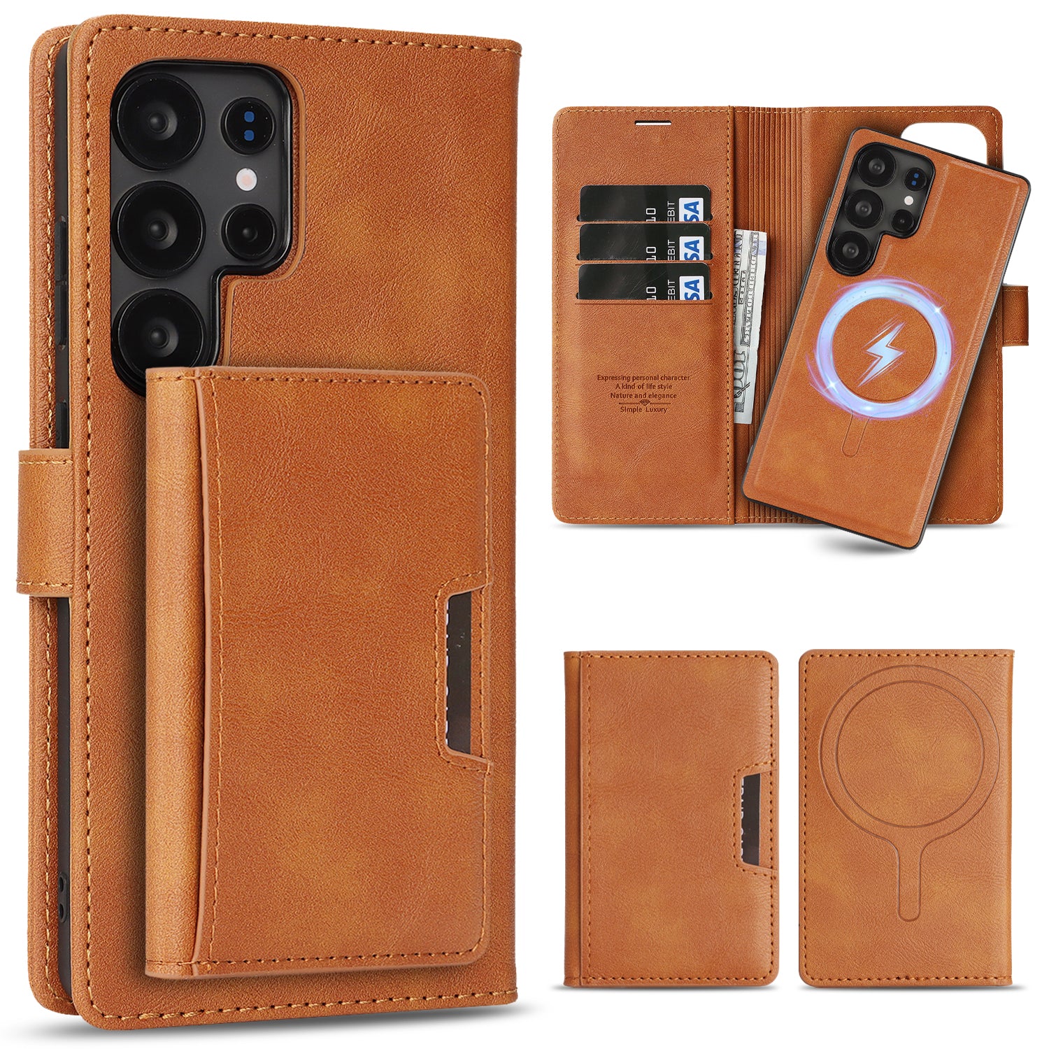 Sunyi Magnetic Leather Wallet Case for Samsung Galaxy (S24/S25/S26 Ultra/Plus), N52 Ring Magnet, MagSafe Wireless Charging, 3 Card + 1 Wallet Slots & 2-Fold 5-Card Holder