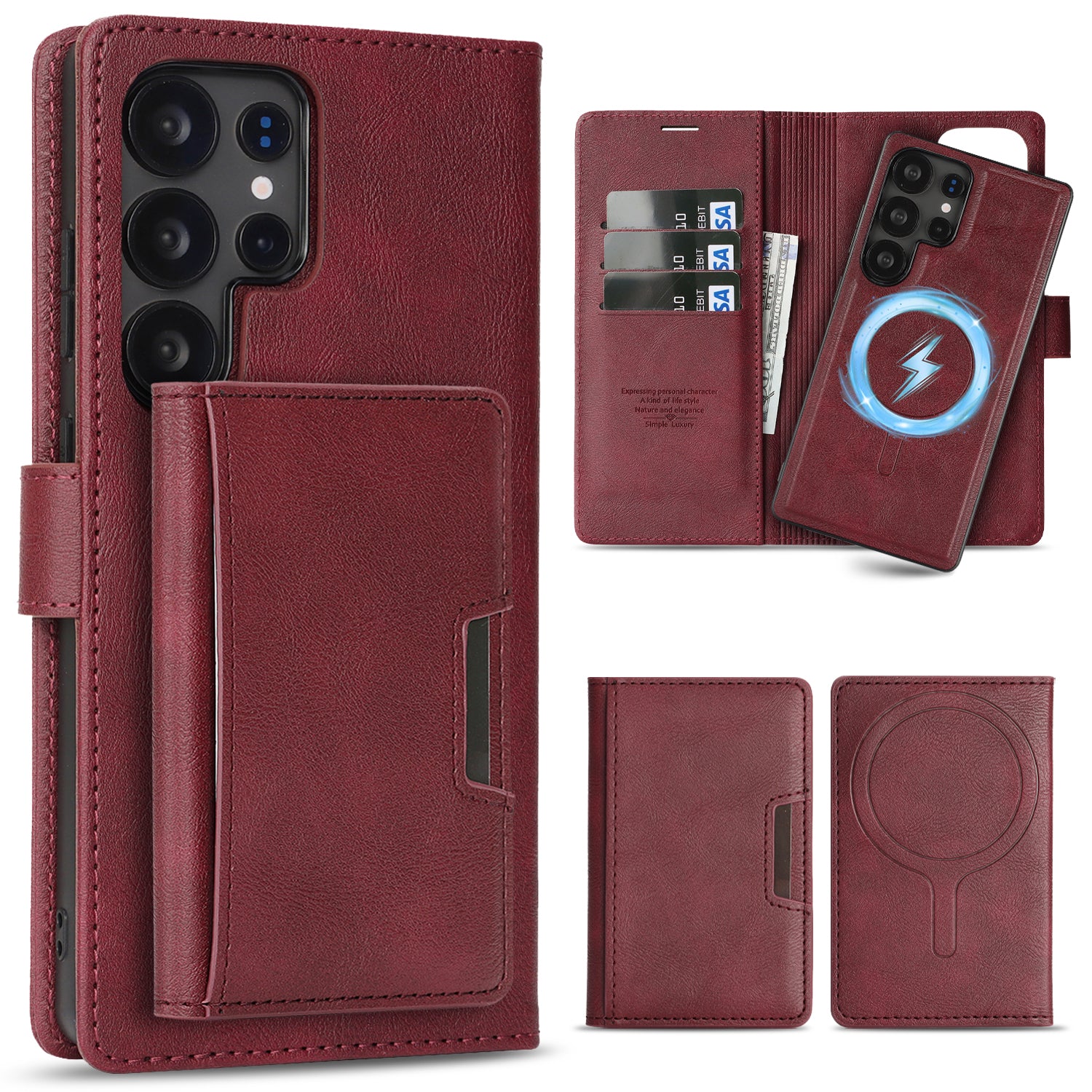 Sunyi Magnetic Leather Wallet Case for Samsung Galaxy (S24/S25/S26 Ultra/Plus), N52 Ring Magnet, MagSafe Wireless Charging, 3 Card + 1 Wallet Slots & 2-Fold 5-Card Holder