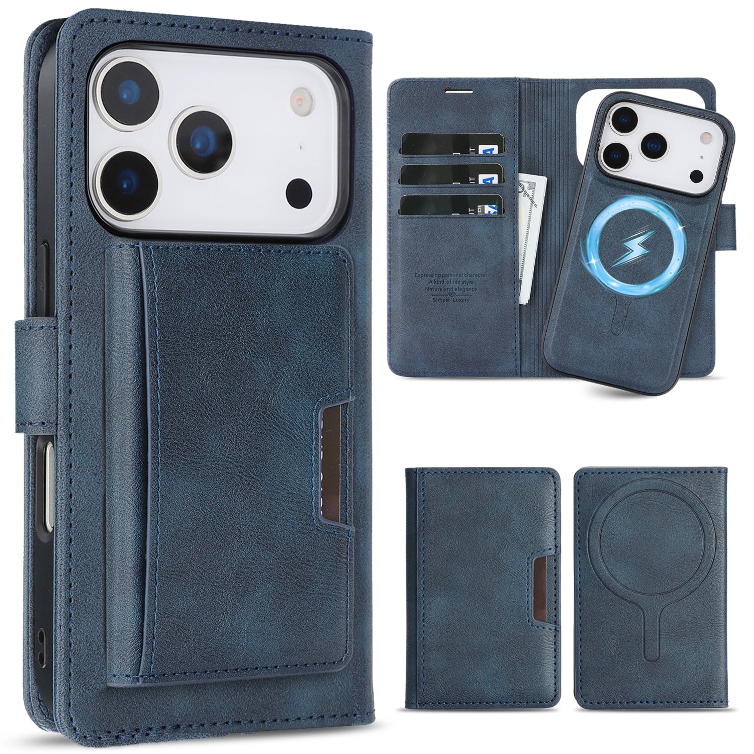 Sunyi Magnetic Leather Wallet Case for iPhone (17/16/15/14 Series), N52 Ring Magnet, MagSafe Wireless Charging, 3 Card + 1 Wallet Slots & 2-Fold 5-Card Holder